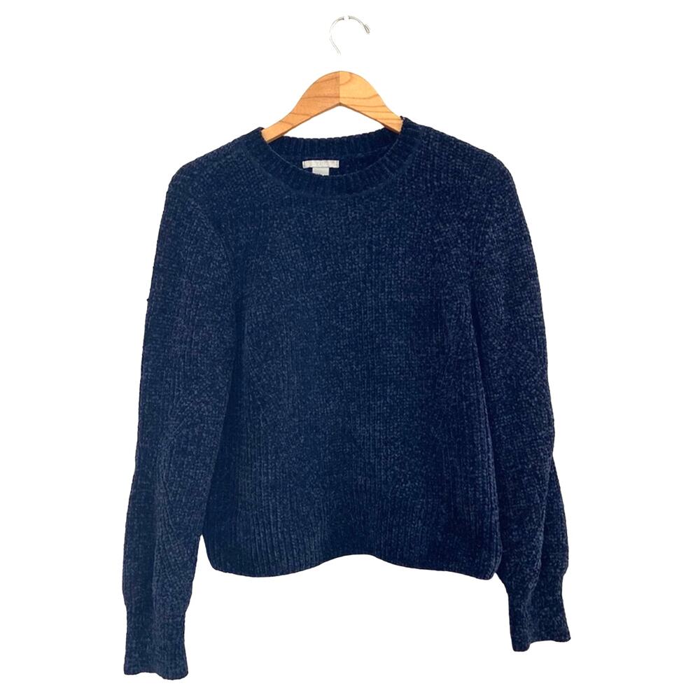 H&M Chenille Sweater Crew Neck Women's Size Medium Navy-Blue Crushed Velvet Cozy